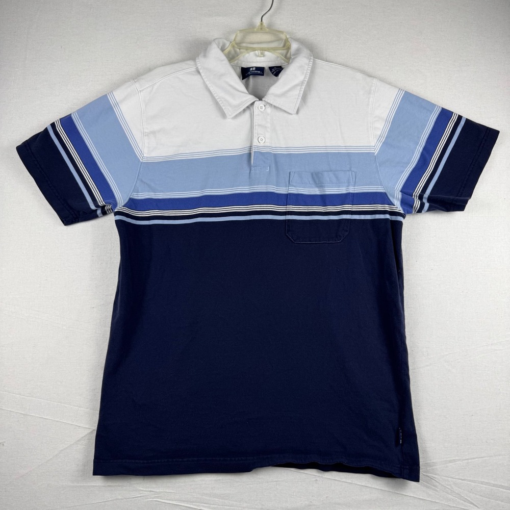 Transnine Mens Polo Shirt Large Blue White Striped Short Sleeve Cotton